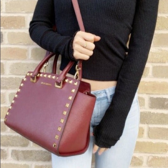 MICHAEL KORS Selma Studded Saffiano Leather Satchel - Merlot - Picture 2 of 8